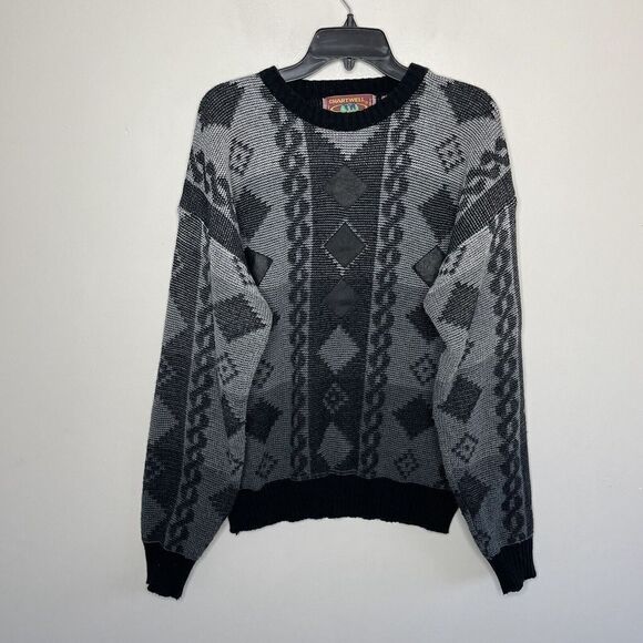 CHARTWELL Mens VTG Gray-Black Geometric Pullover Sweater XL Leather Patches - Picture 1 of 7